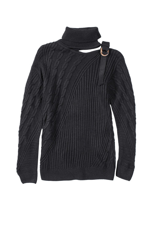 Strapped Cut Out Shoulder Turtleneck Sweater